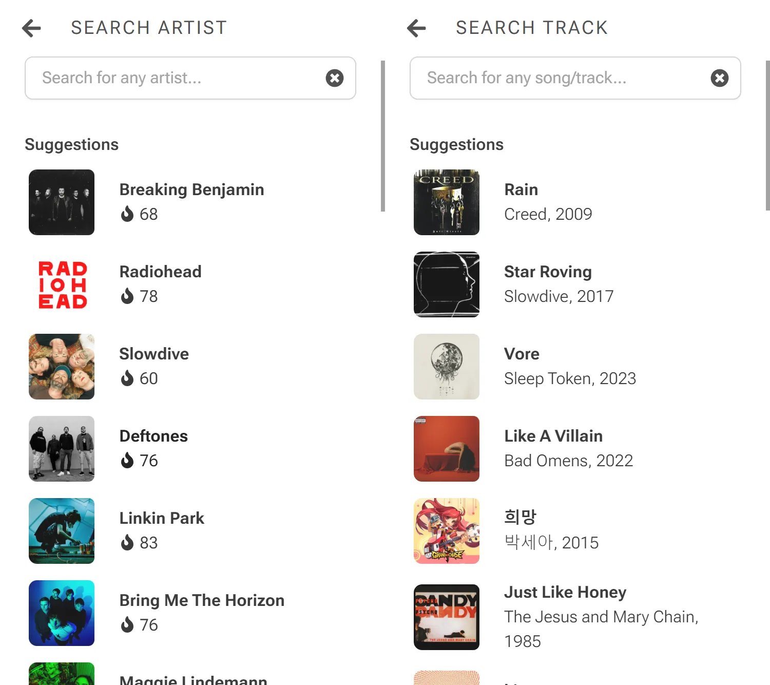 Suggestions in artist and track queries