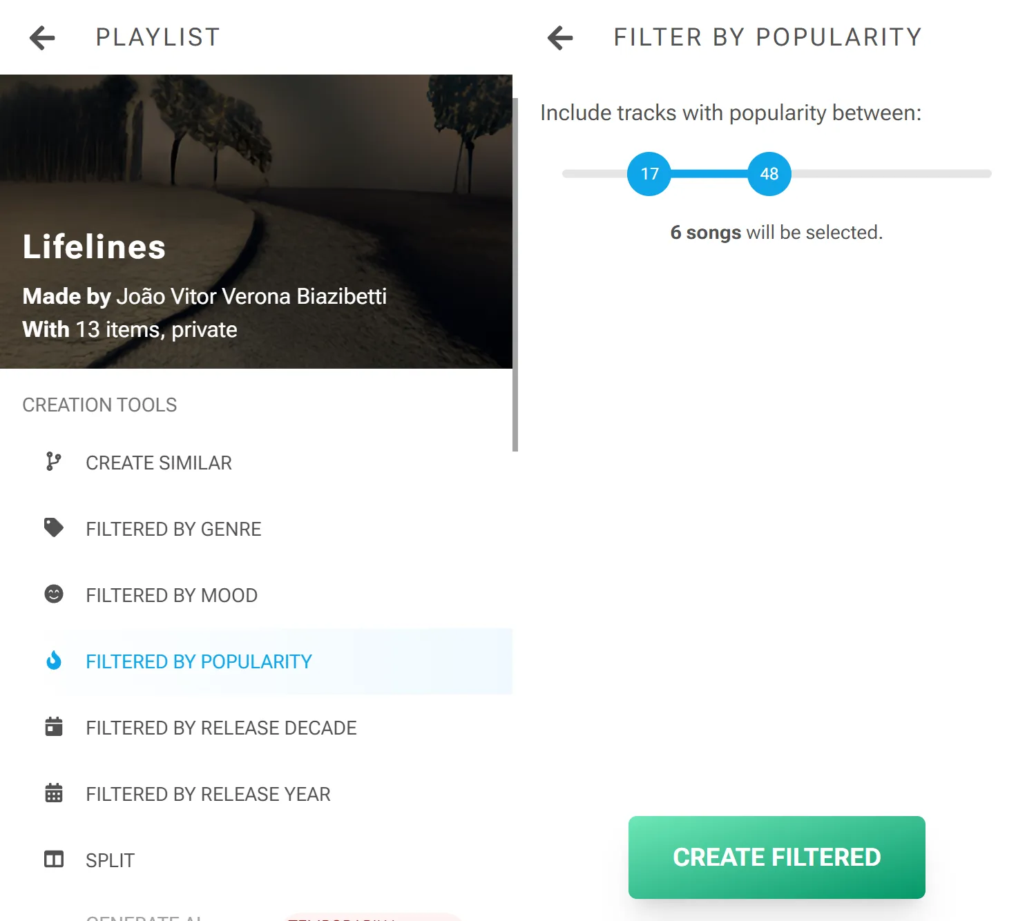 Filter playlists by song popularity